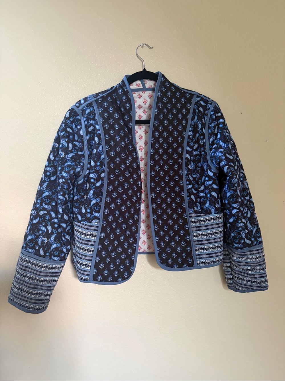 Reversible Jacket Blue Patterned Quilted Open With Pockets Small Free People Dup